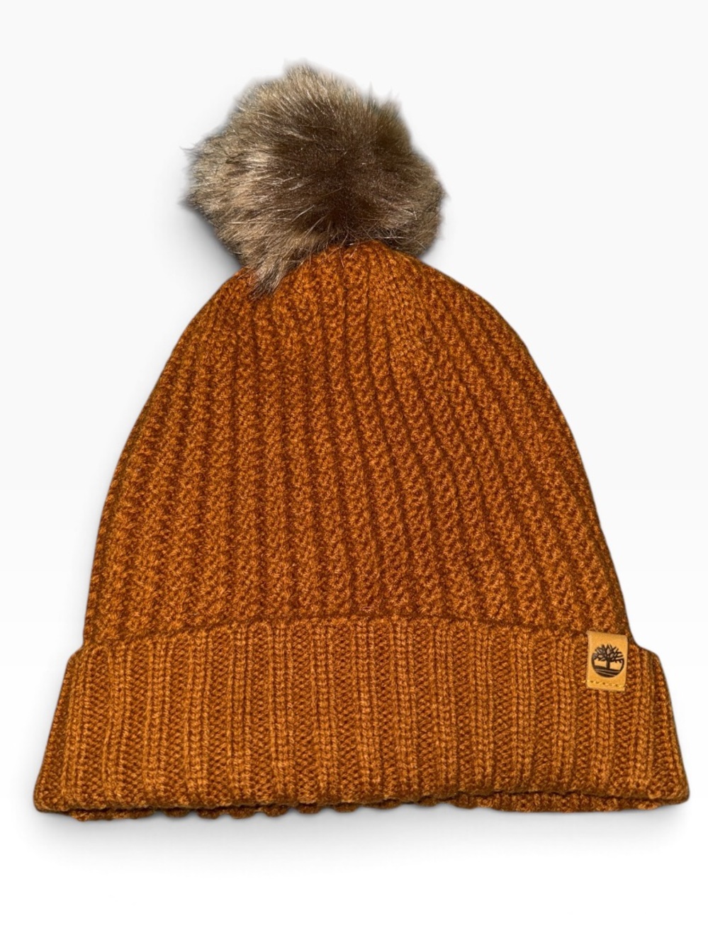 Timberland Burnt Orange Pom Pom Knit Beanie Faux Fur Winter Hat